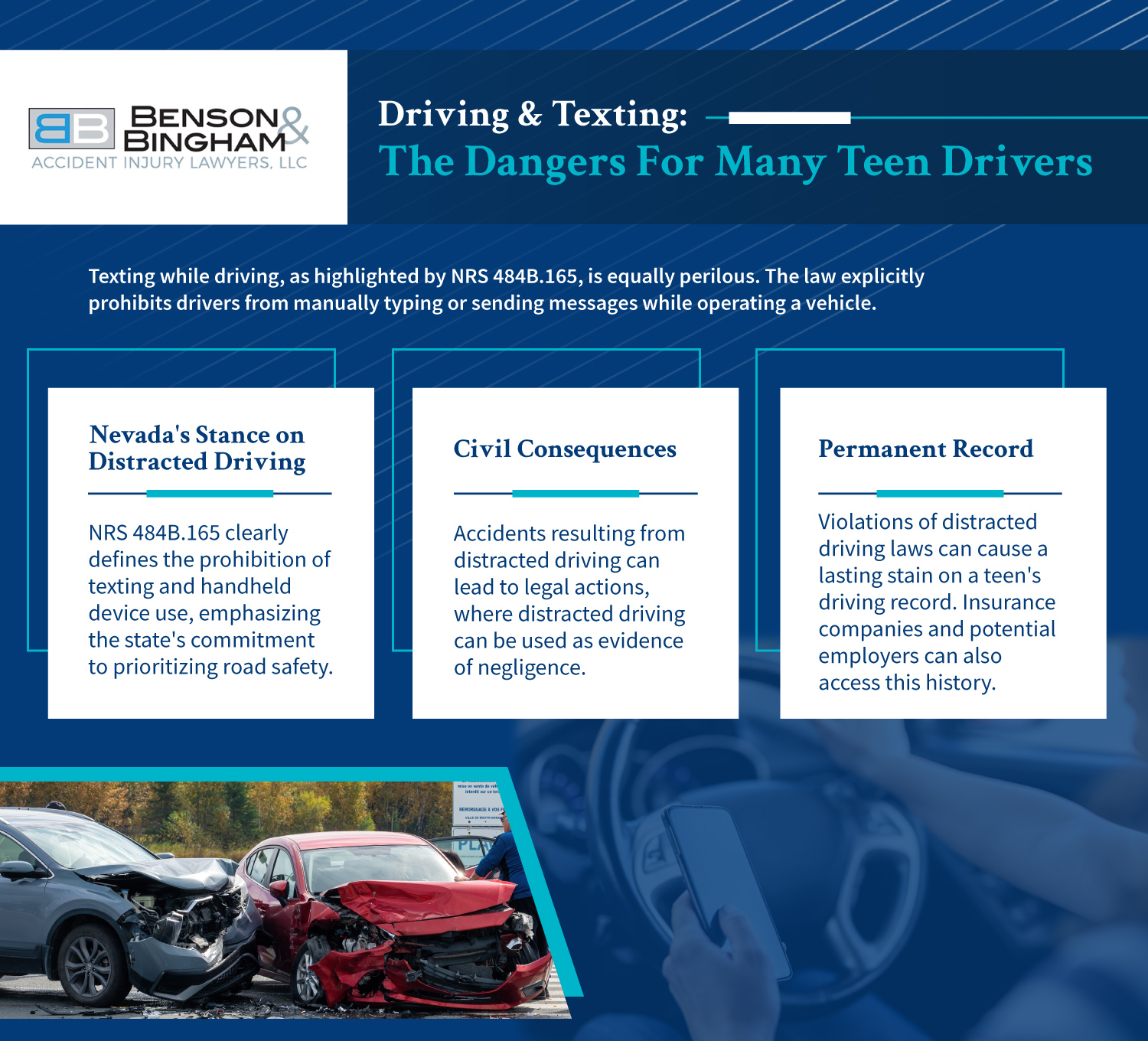 Infographic that explains the Liability & Legal Outcomes of Teen Driver Car Accidents in Nevada