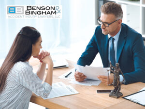 Lawyer consulting with a client about a Retail Store Injury at Benson Bingham office