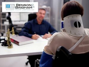 Person in neck brace and lawyer from Benson Bingham Accident Injury Lawyers, LLC discussing a case