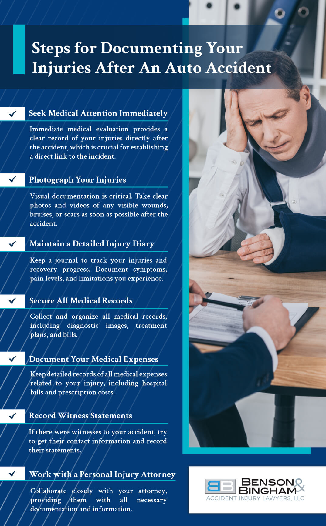 Infographic that explains the Steps for documenting your injury after an accident