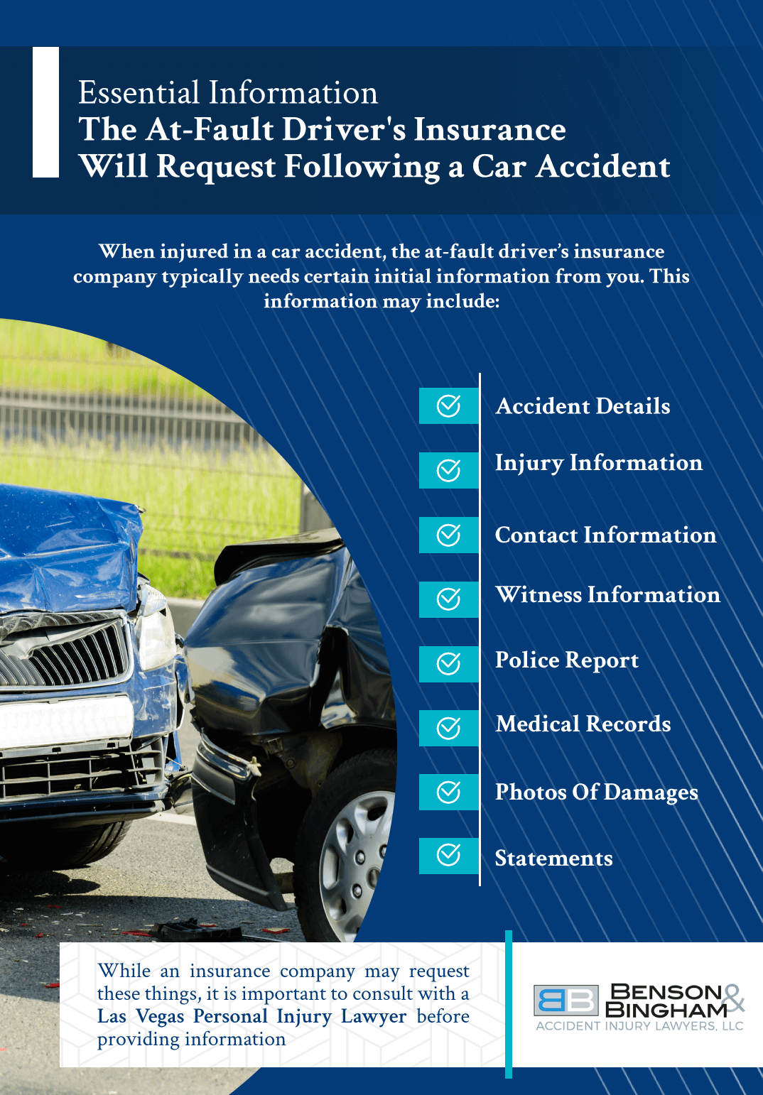 Infographic that explains the Essential Information The At-Fault Driver's Insurance Will Request Following a Car Accident