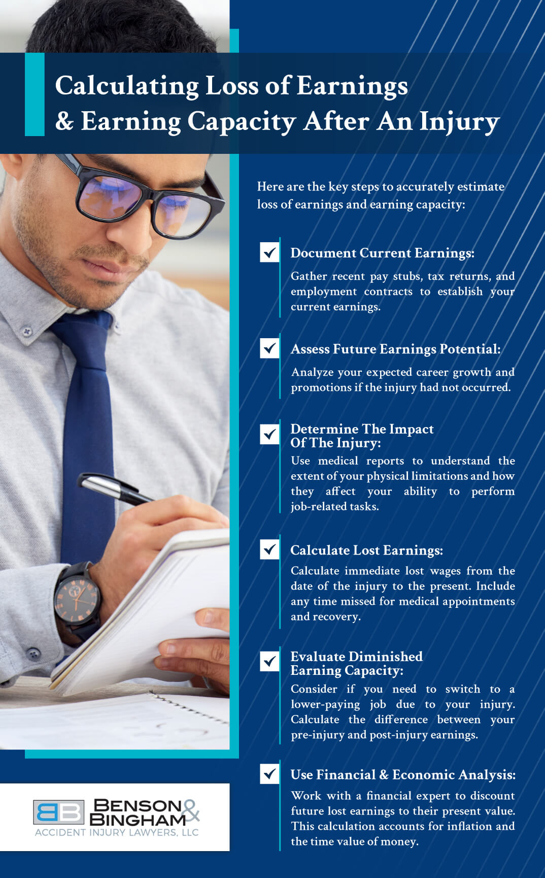 Infographic that explains how Calculating Loss of Earnings & Earning Capacity After An Injury