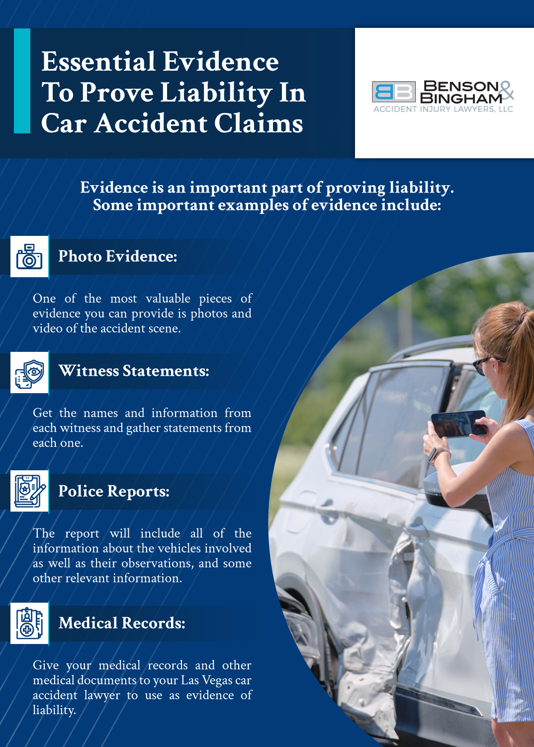 Infographic that explains Essential Evidence To Prove Liability In Car Accident Claims