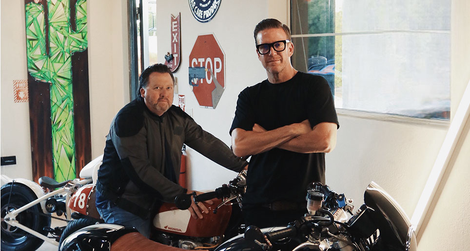 Joseph Benson and Ben Bingham posing with their Motorcycles